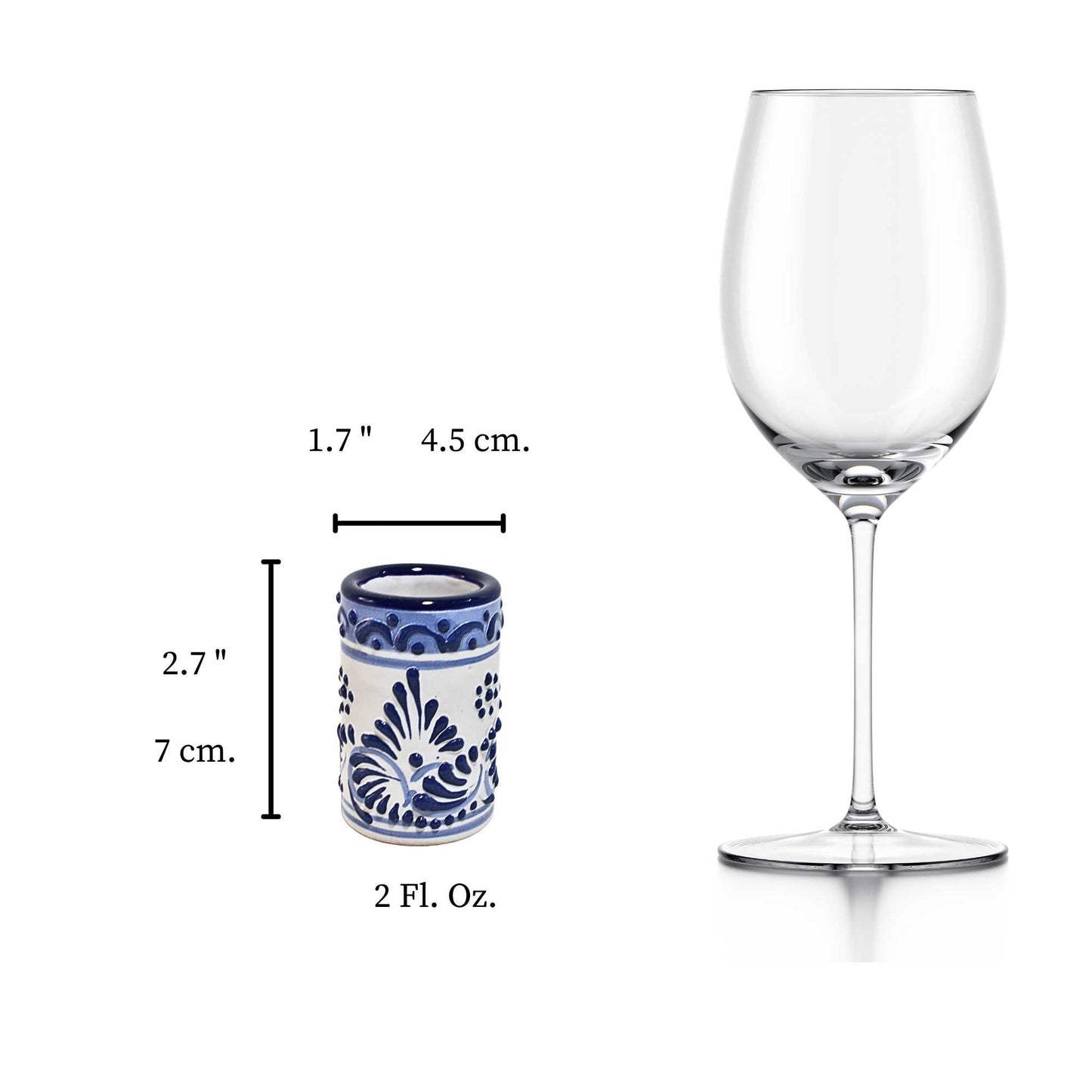Vasos Tequileros | Cerámica de Talavera | 100% Artesanal | (Decorado Azul, 2 Oz.) - MAREY - Vaso Tequilero