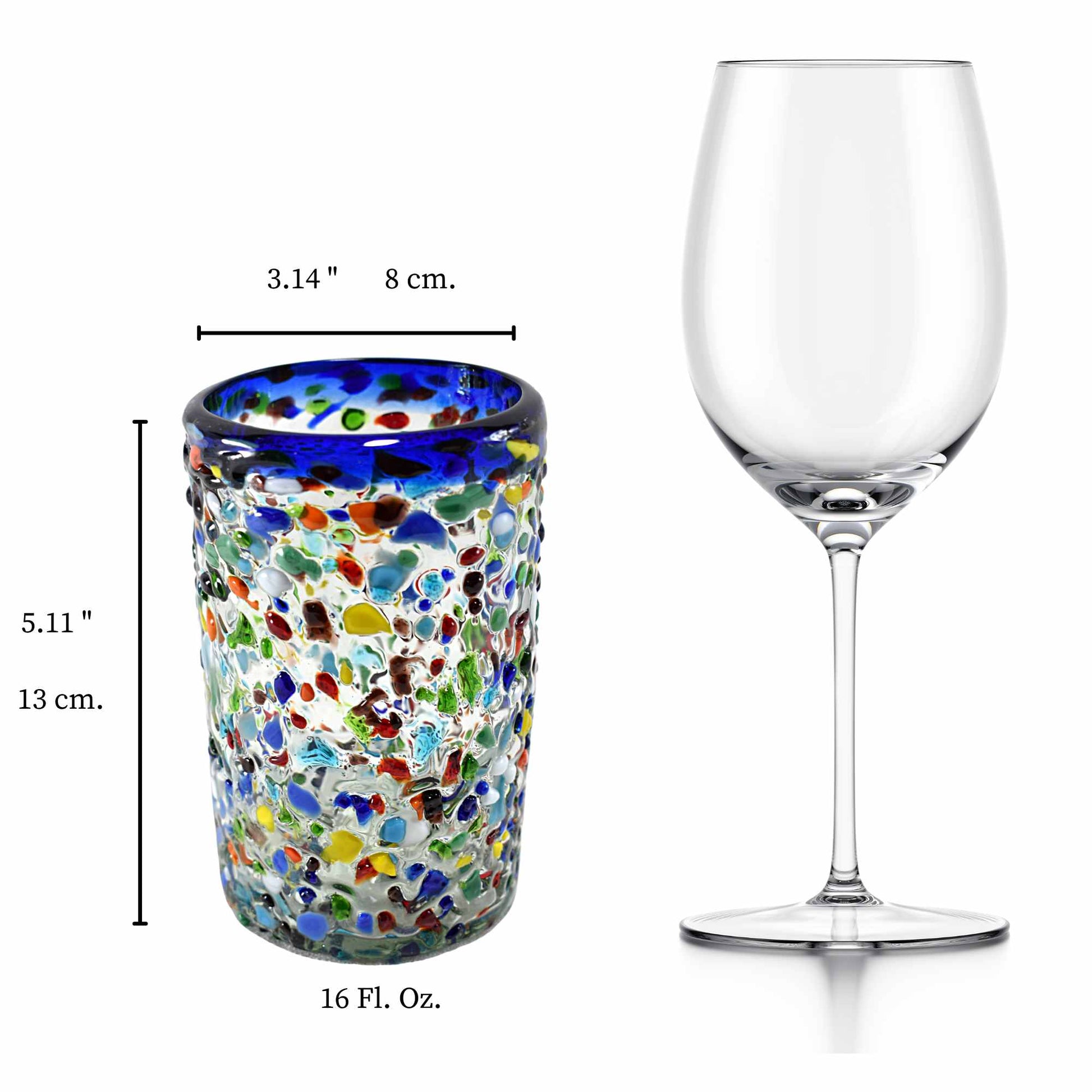 Vasos Vidrio Soplado | Set de 6 Piezas | Hechos Artesanalmente en México | (Granizado Multicolor, Agua 16 Oz.) - MAREY -