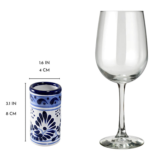 Vasos Tequileros | Cerámica de Talavera | 100% Artesanal | (Decorado Azul, 2 Oz.)