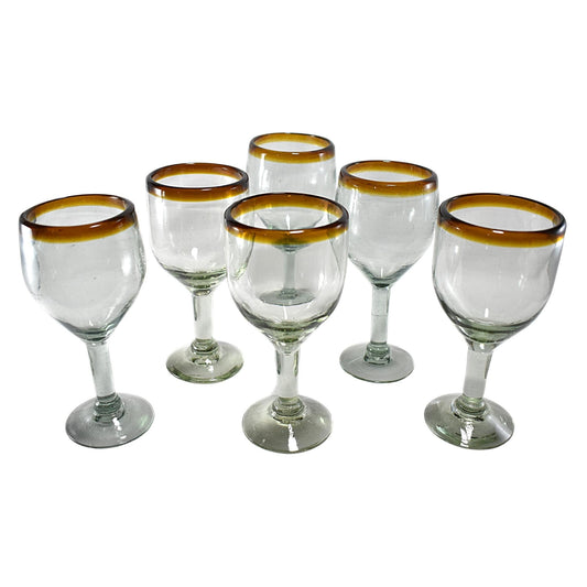 Copas de Vino | Set de 6 Piezas | | Vidrio Soplado | Artesanal (Filo Ámbar, 12 Fl. Oz.) - MAREY -