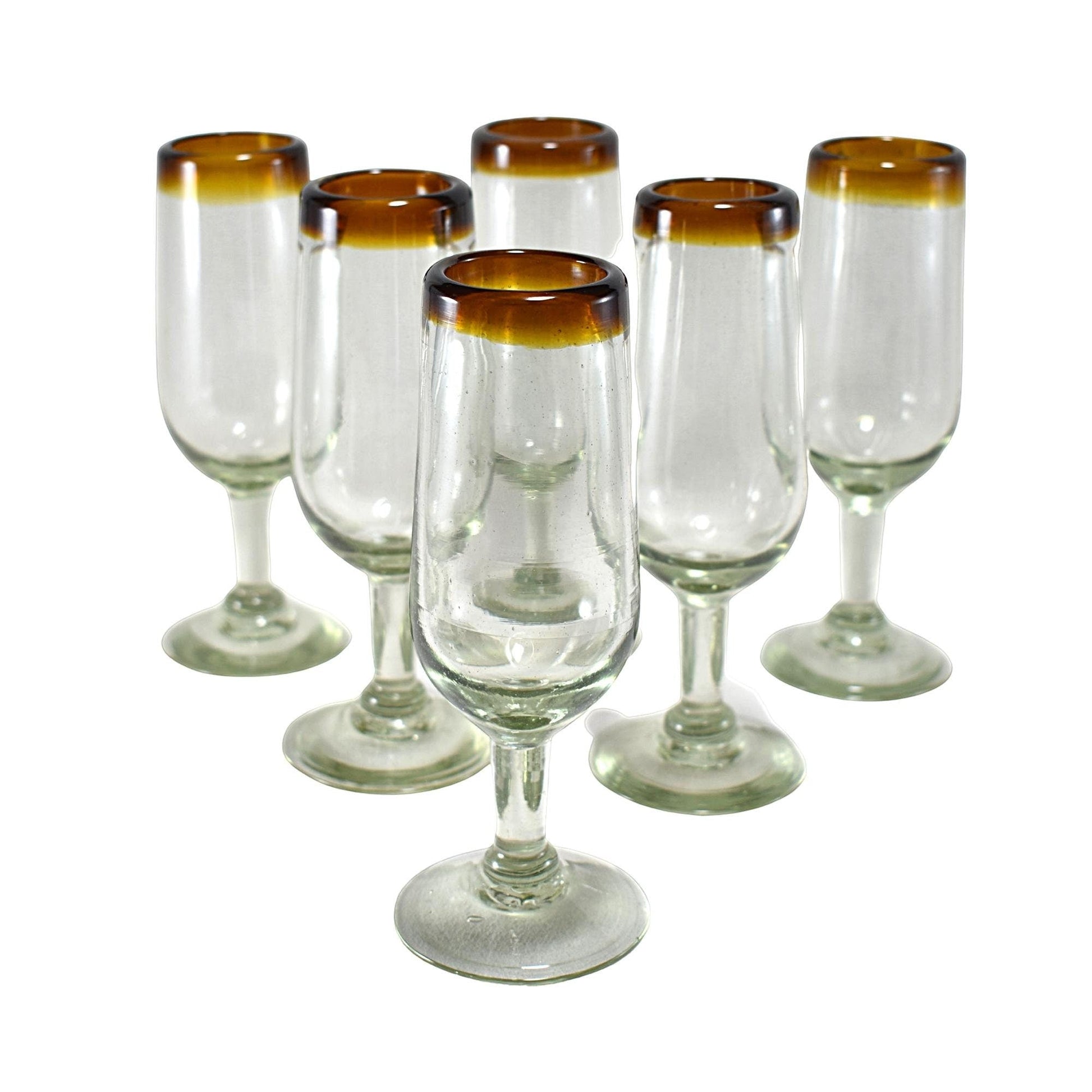 Copas de Vino | Vidrio Soplado | Set de 6 Piezas | Artesanal | (Filo Ámbar, Champagne Corta) - MAREY -