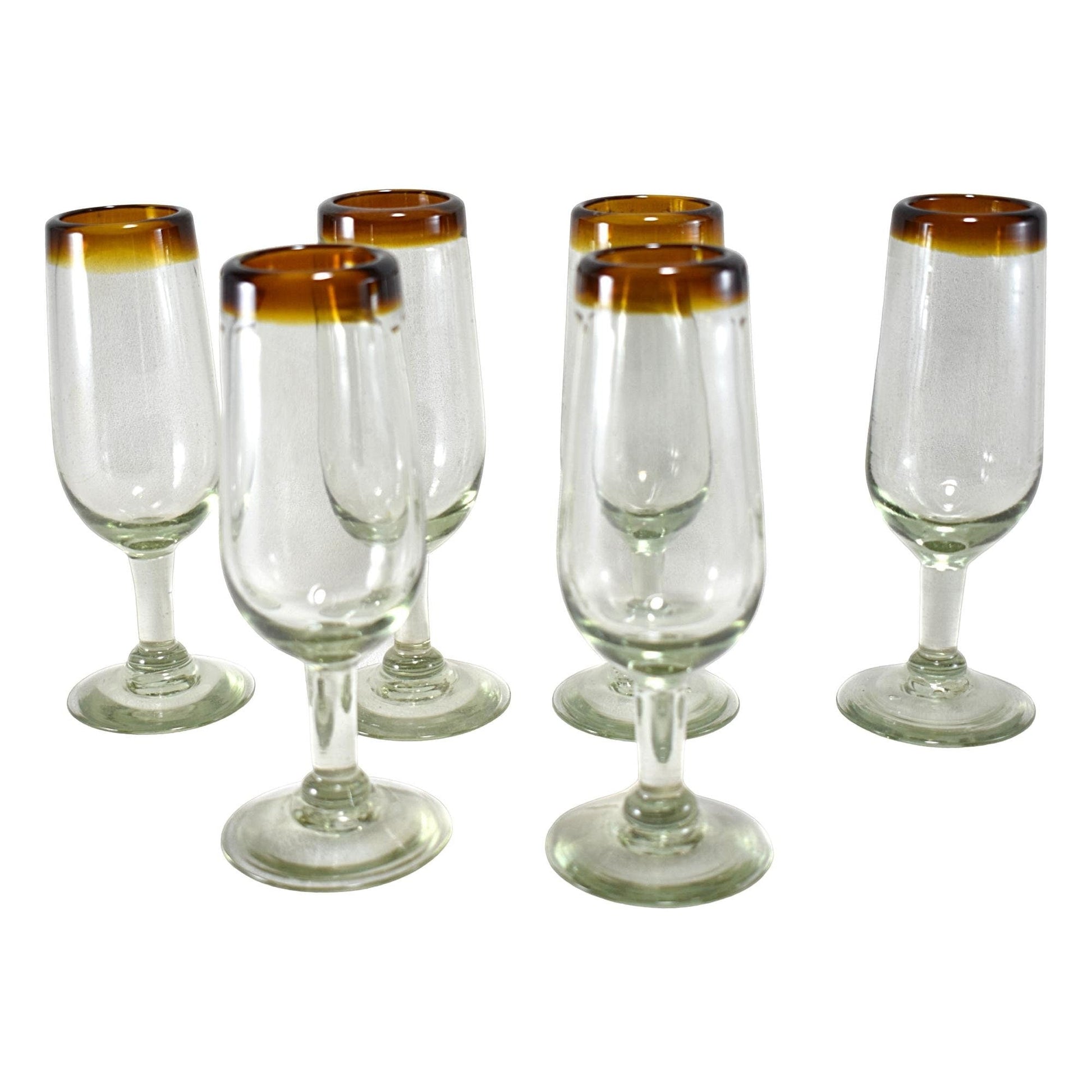 Copas de Vino | Vidrio Soplado | Set de 6 Piezas | Artesanal | (Filo Ámbar, Champagne Corta) - MAREY -