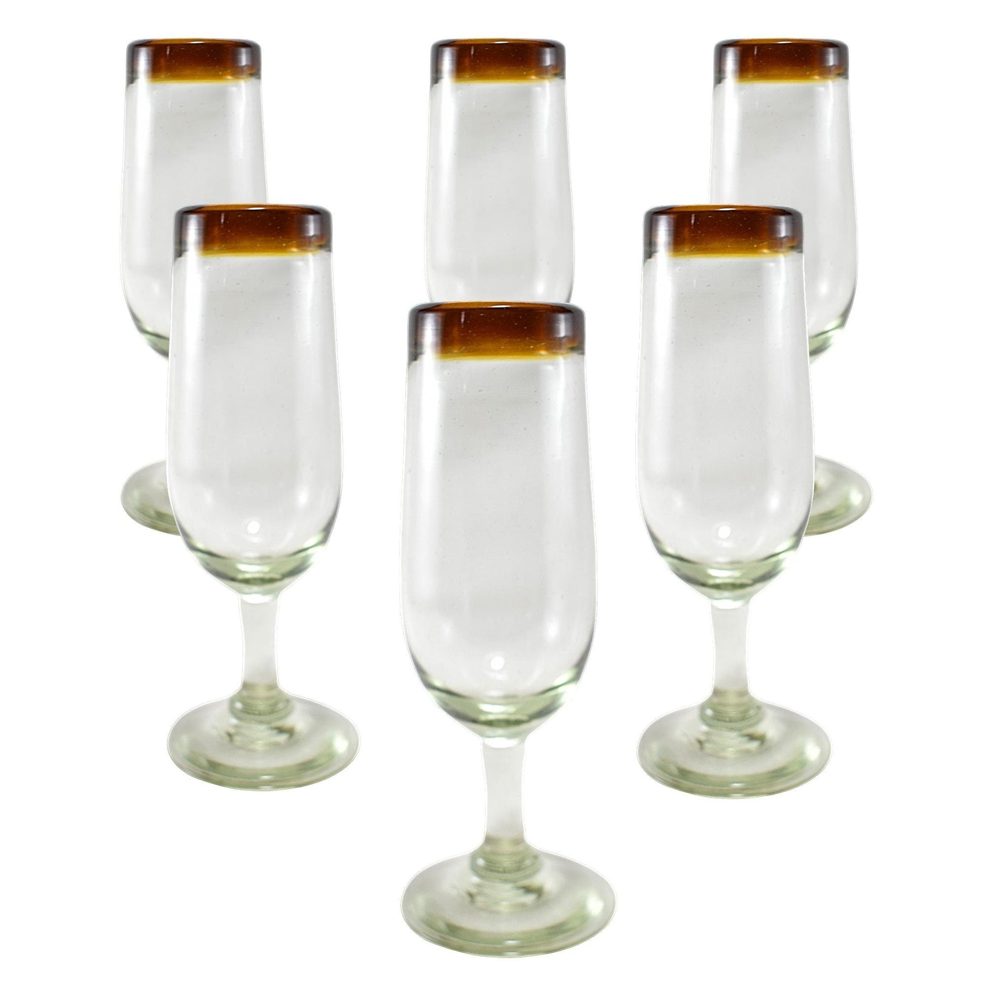 Copas de Vino | Vidrio Soplado | Set de 6 Piezas | Artesanal | (Filo Ámbar, Champagne Corta) - MAREY -