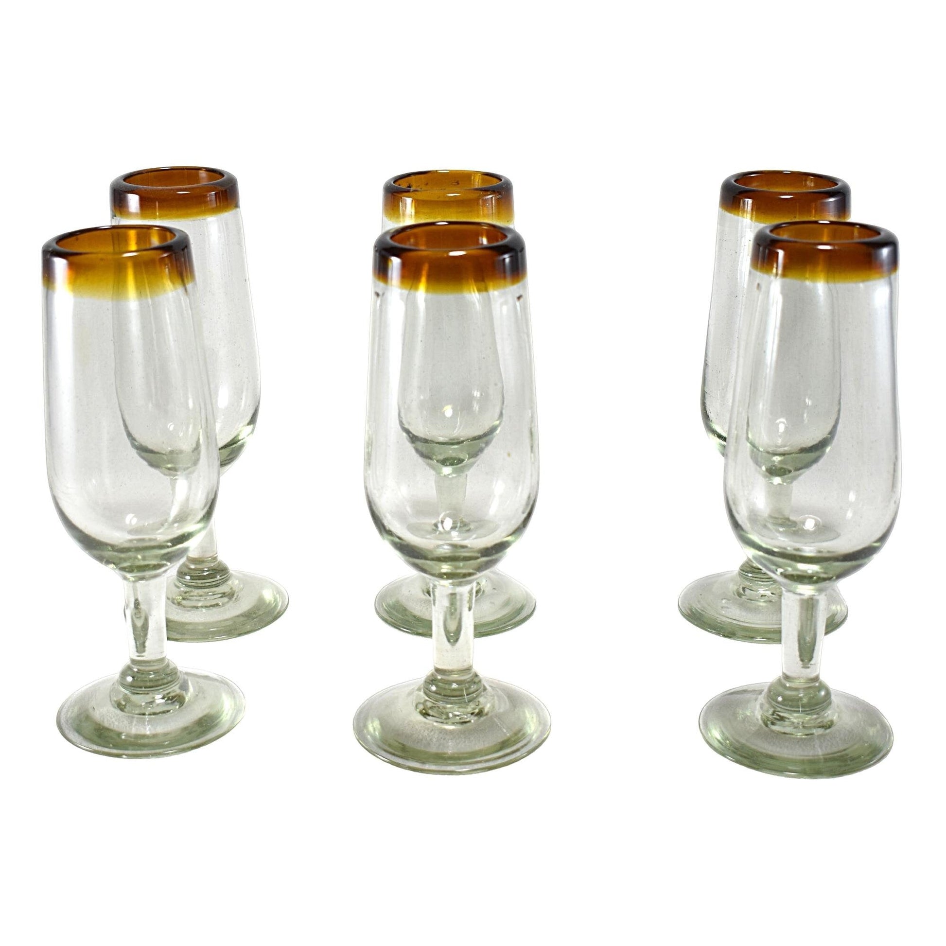 Copas de Vino | Vidrio Soplado | Set de 6 Piezas | Artesanal | (Filo Ámbar, Champagne Corta) - MAREY -