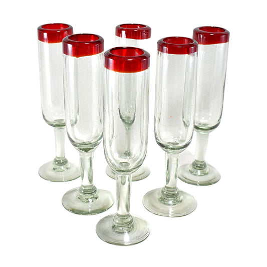 Copas de Vino | Vidrio Soplado | Set de 6 Piezas | Artesanal | (Filo Rojo, Flauta) - MAREY -