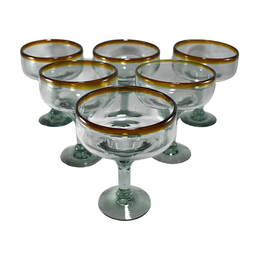 Copas Margarita | Set de 6 Piezas | | Vidrio Soplado | Artesanal (Filo Ámbar, 12 Fl. Oz.) - MAREY -