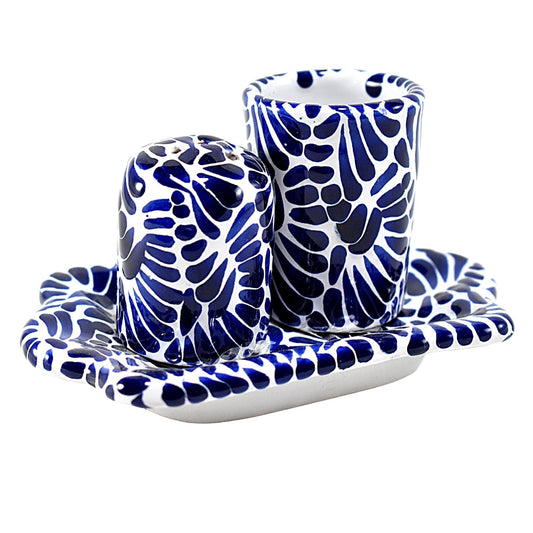 Set de Tequilero & Salero con Bandeja | Cerámica de Talavera Poblana (Azul Sobre Blanco, 2 Oz.) - MAREY -