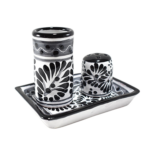 Set de Tequilero & Salero con Bandeja | Cerámica de Talavera Poblana (Blanco & Negro, 2 Oz.) - MAREY -