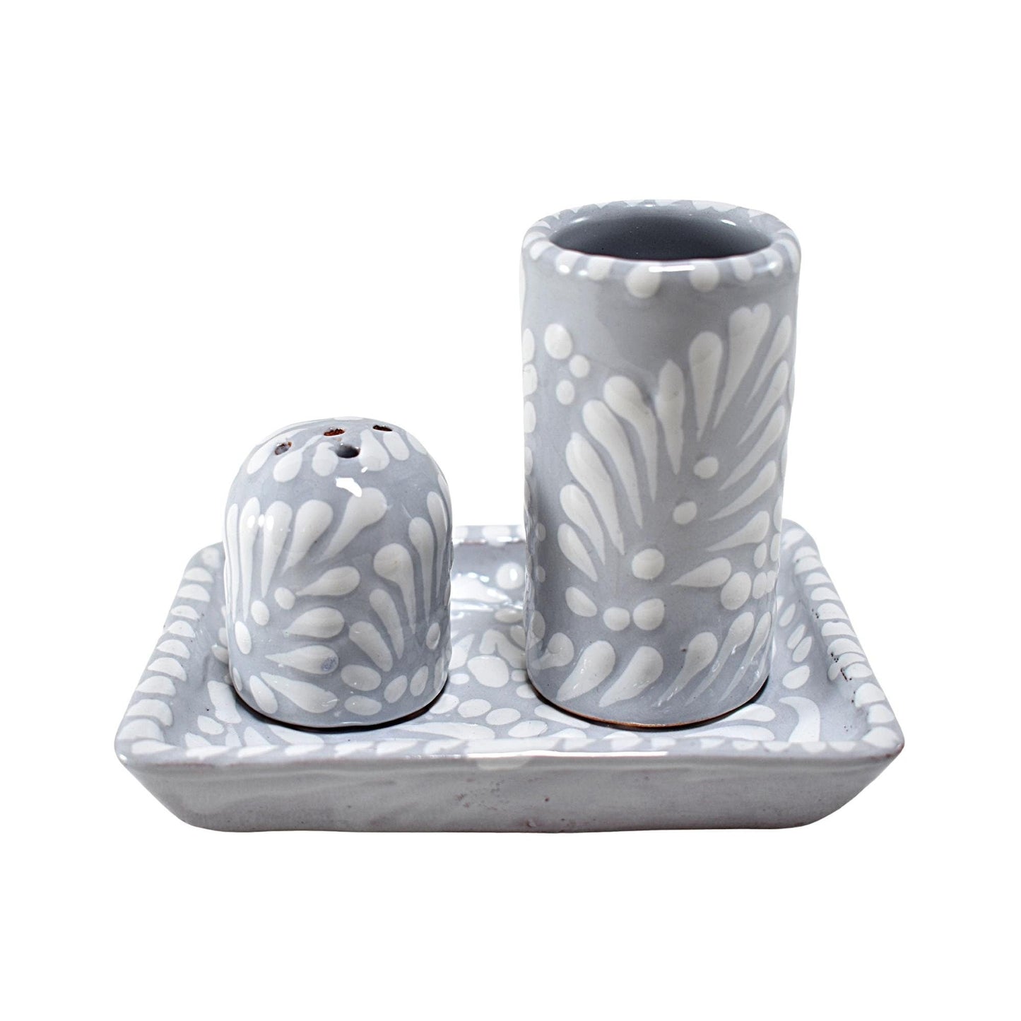 Set de Tequilero & Salero con Bandeja | Cerámica de Talavera Poblana (Gris Sobre Blanco, 2 Oz.) - MAREY -