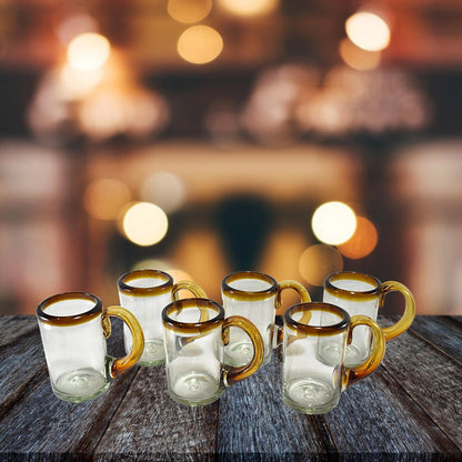 Handblown Beer Mug Made in Mexico | Set of 6 | (Amber Rim, Beer 16 Oz.) - MAREY
