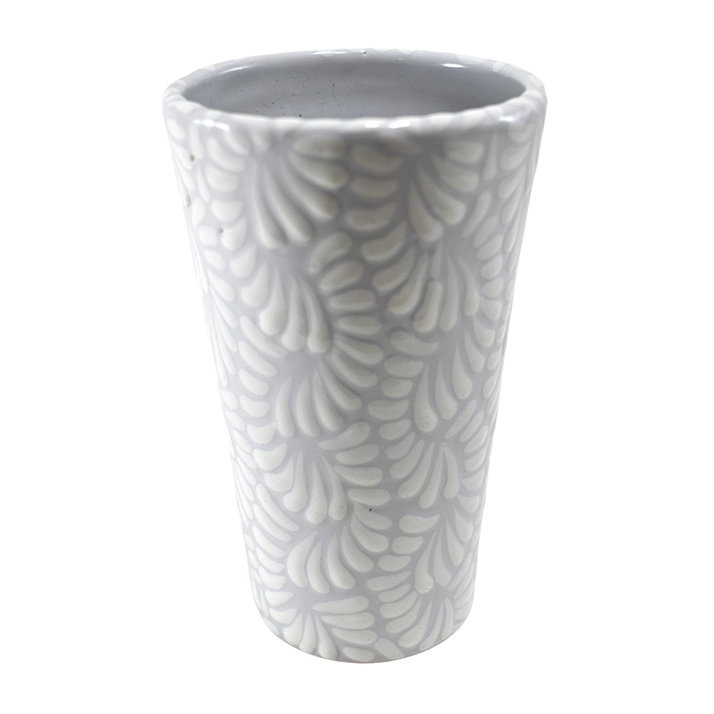 Vaso Largo tipo Termo | Taza de Café | Cerámica de Talavera | Hecho en Puebla, México | (Blanco sobre Gris, 12 Oz.) - MAREY -