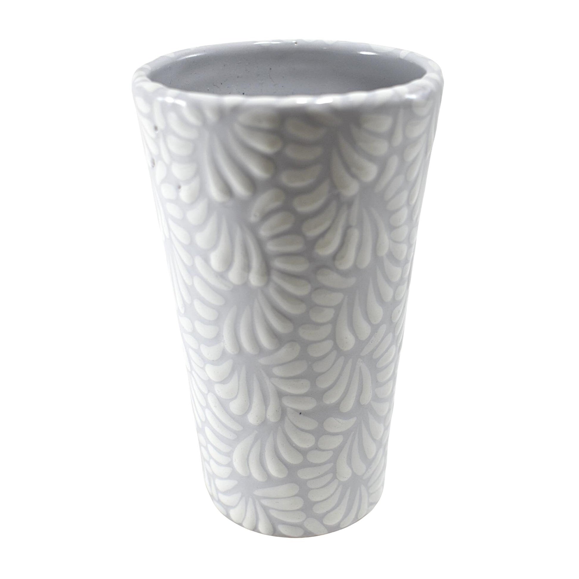 Vaso Largo tipo Termo | Taza de Café | Cerámica de Talavera | Hecho en Puebla, México | (Blanco sobre Gris, 12 Oz.) - MAREY -