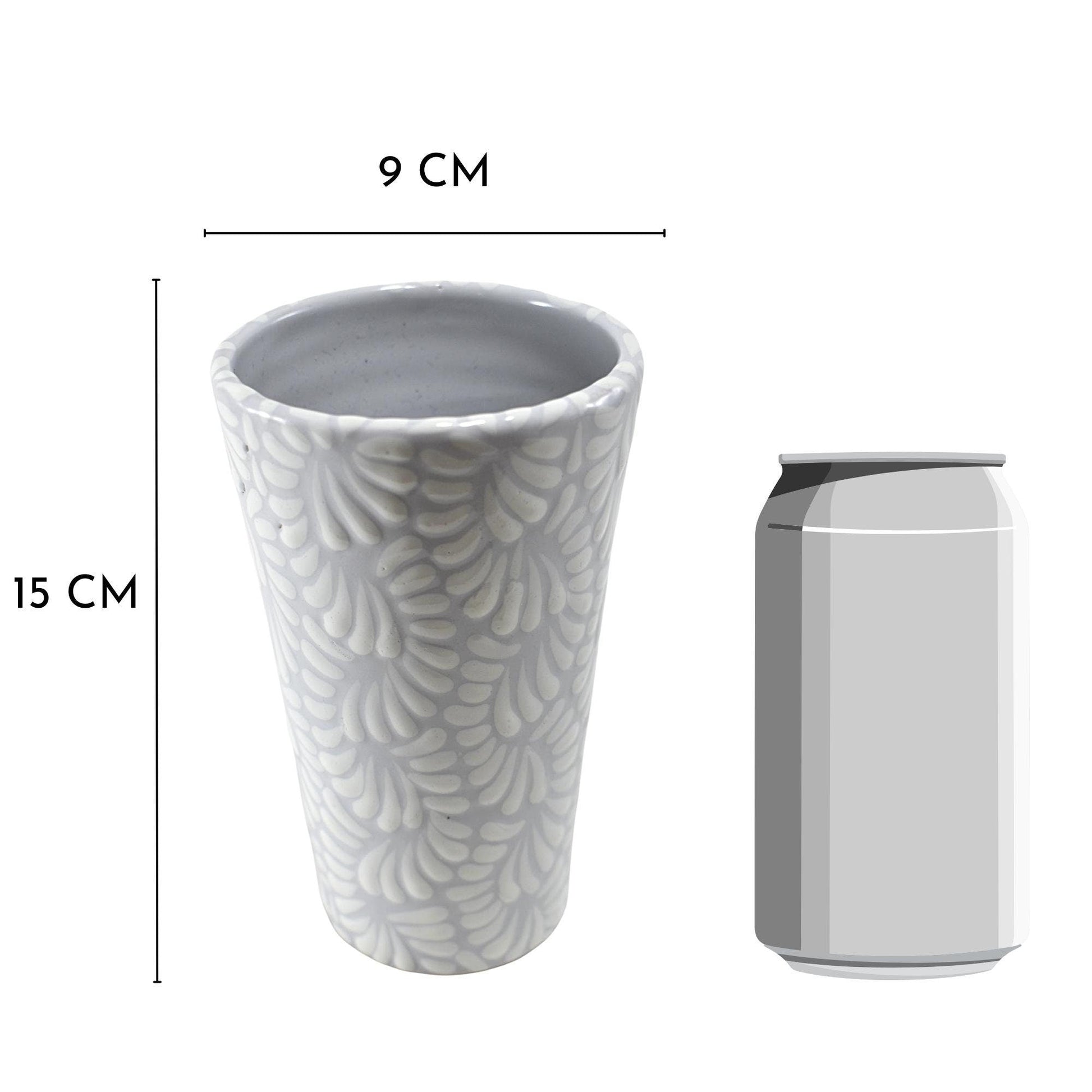 Vaso Largo tipo Termo | Taza de Café | Cerámica de Talavera | Hecho en Puebla, México | (Blanco sobre Gris, 12 Oz.) - MAREY -