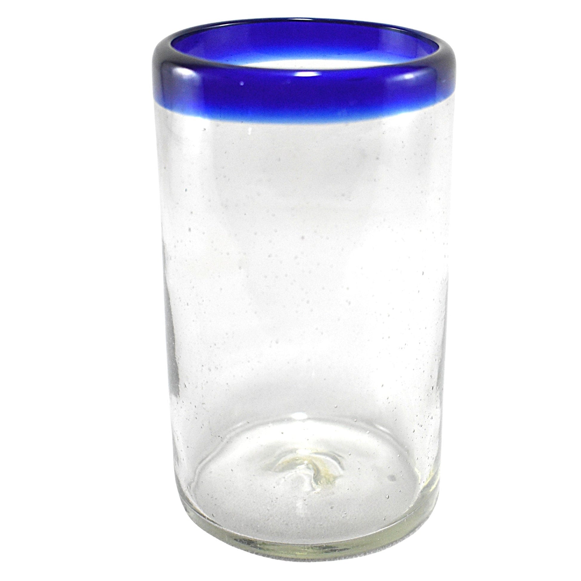 Vasos Largos | Vidrio Soplado | Set de 6 Piezas | Hechos Artesanalmente en México | (Filo Azul Cobalto, Agua 16 Oz.) - MAREY -
