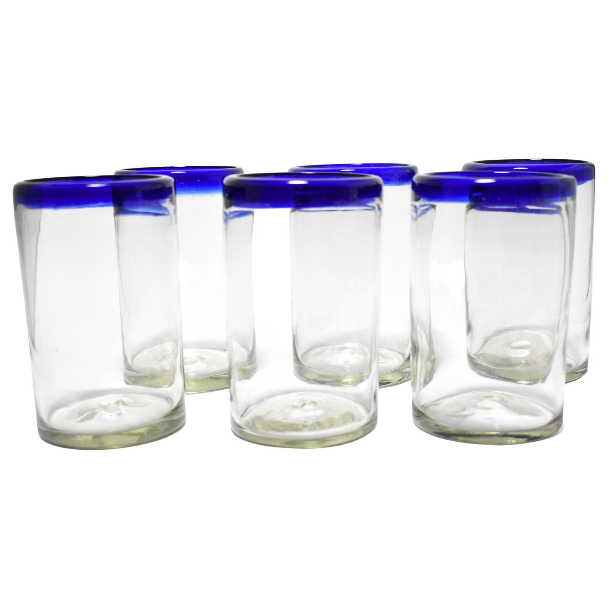 Vasos Largos | Vidrio Soplado | Set de 6 Piezas | Hechos Artesanalmente en México | (Filo Azul Cobalto, Agua 16 Oz.) - MAREY -