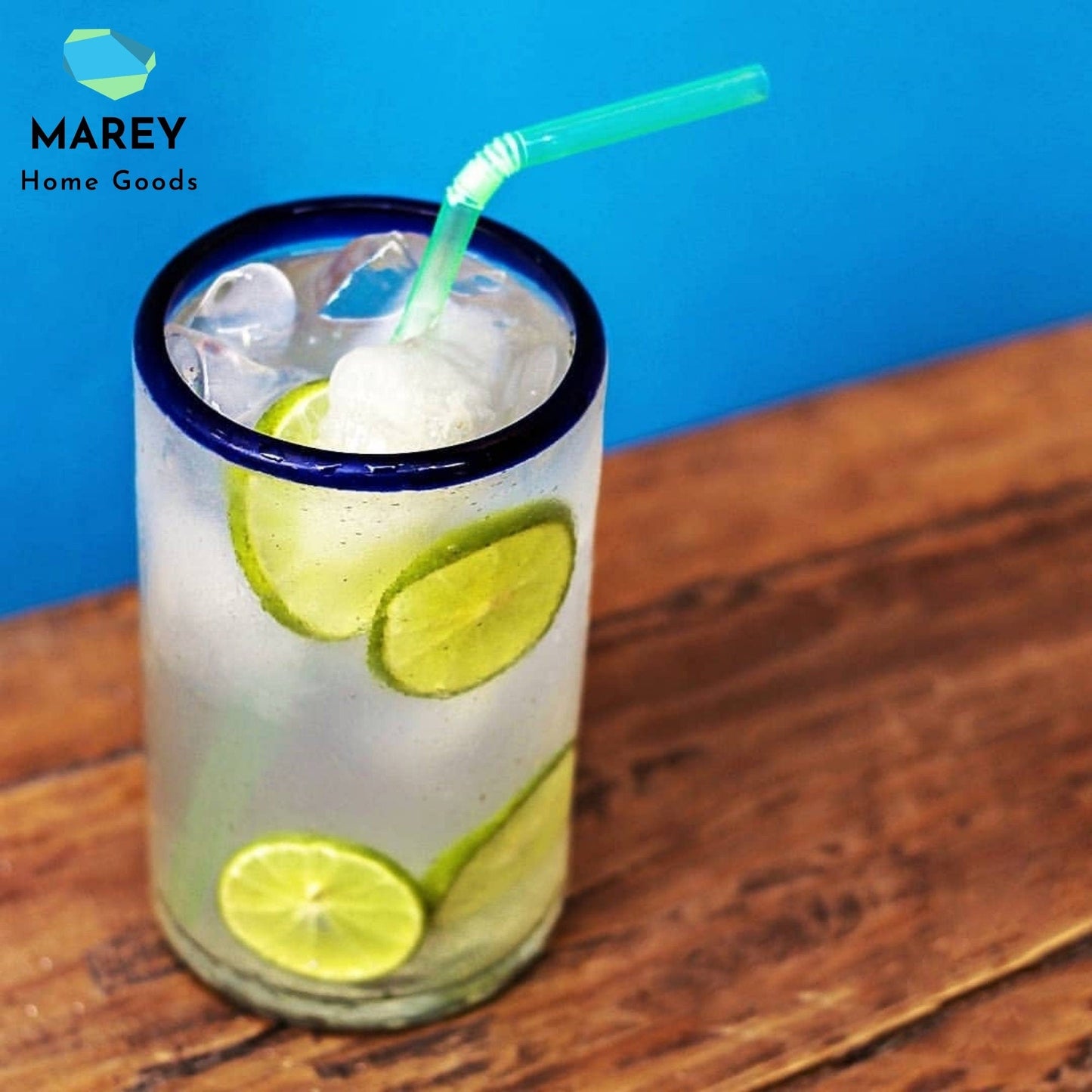 Vasos Largos | Vidrio Soplado | Set de 6 Piezas | Hechos Artesanalmente en México | (Filo Azul Cobalto, Agua 16 Oz.) - MAREY -