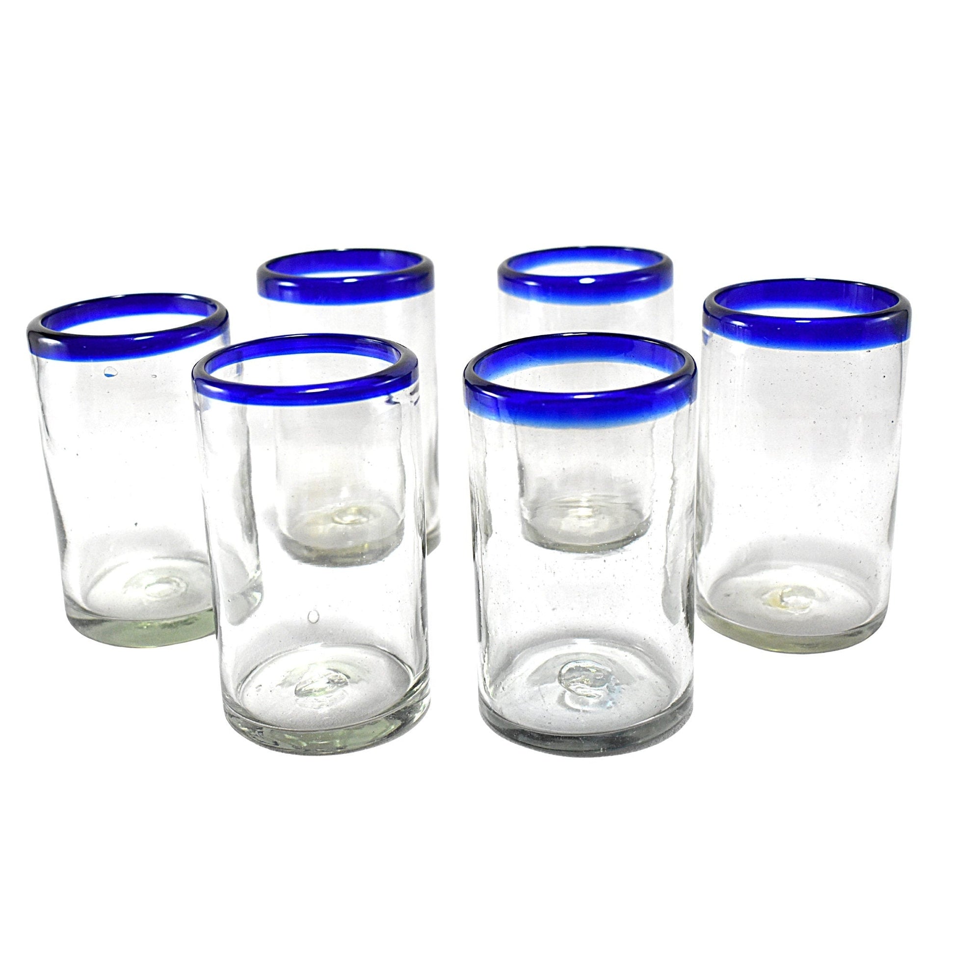Vasos Largos | Vidrio Soplado | Set de 6 Piezas | Hechos Artesanalmente en México | (Filo Azul Cobalto, Agua 16 Oz.) - MAREY -