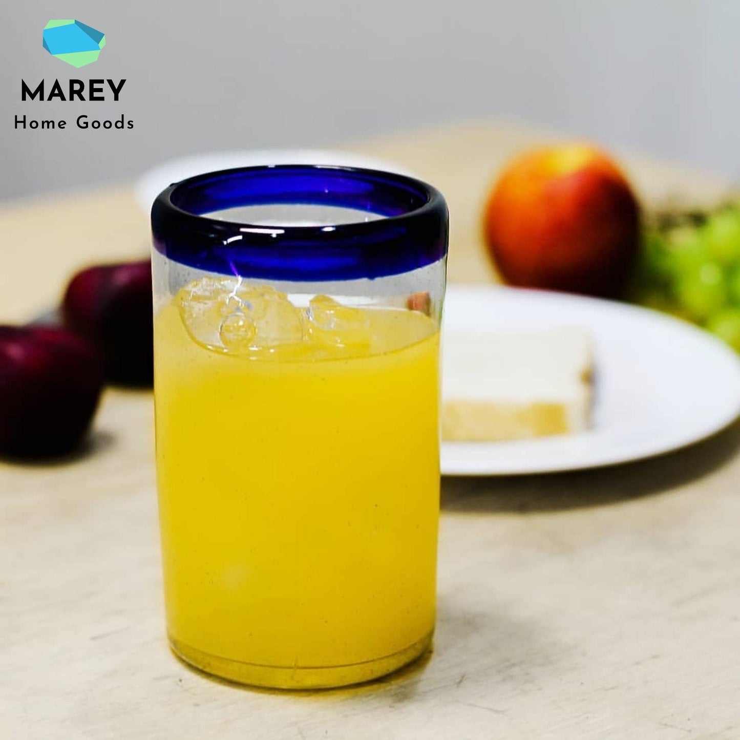 Vasos Largos | Vidrio Soplado | Set de 6 Piezas | Hechos Artesanalmente en México | (Filo Azul Cobalto, Agua 16 Oz.) - MAREY -