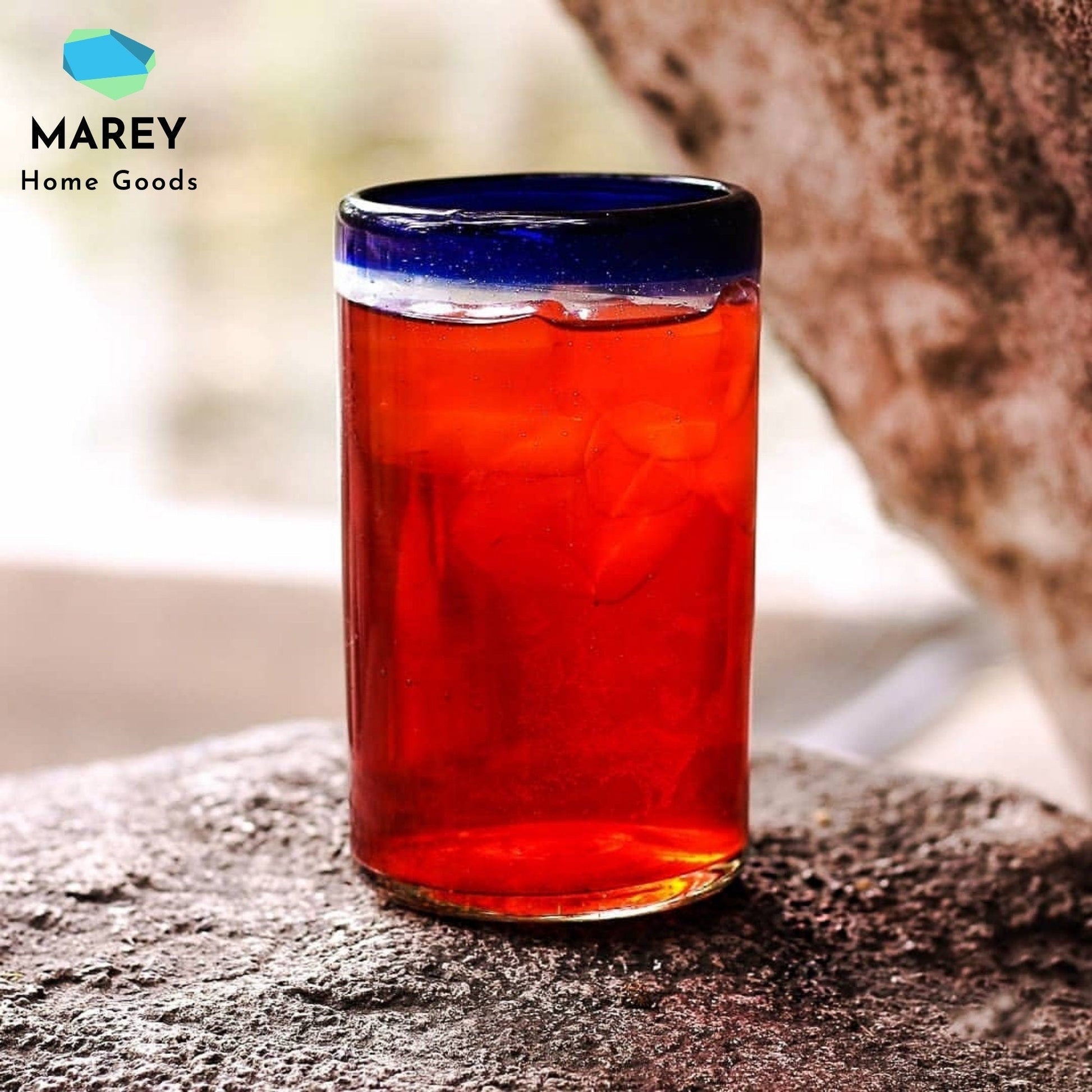 Vasos Largos | Vidrio Soplado | Set de 6 Piezas | Hechos Artesanalmente en México | (Filo Azul Cobalto, Agua 16 Oz.) - MAREY -