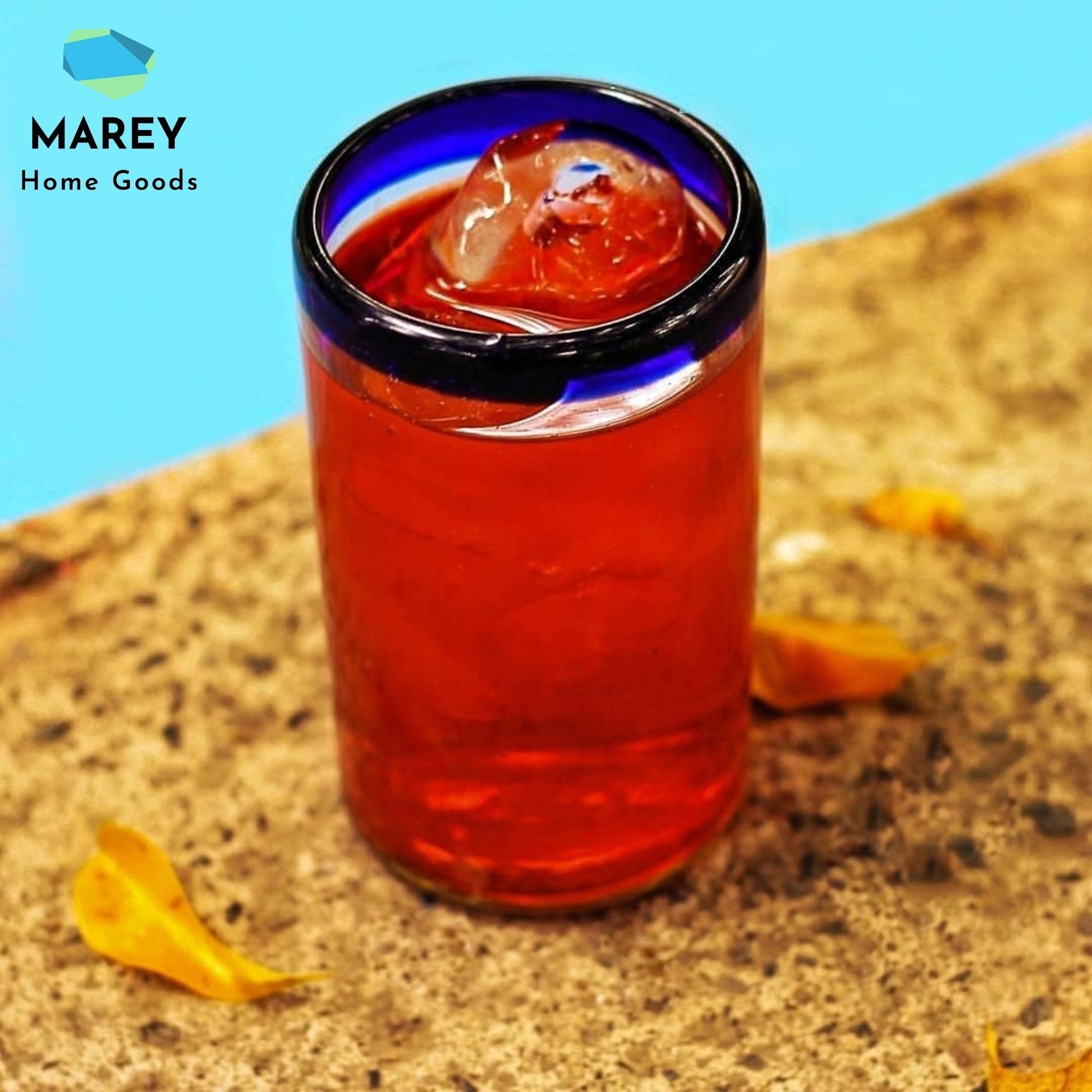 Vasos Largos | Vidrio Soplado | Set de 6 Piezas | Hechos Artesanalmente en México | (Filo Azul Cobalto, Agua 16 Oz.) - MAREY -