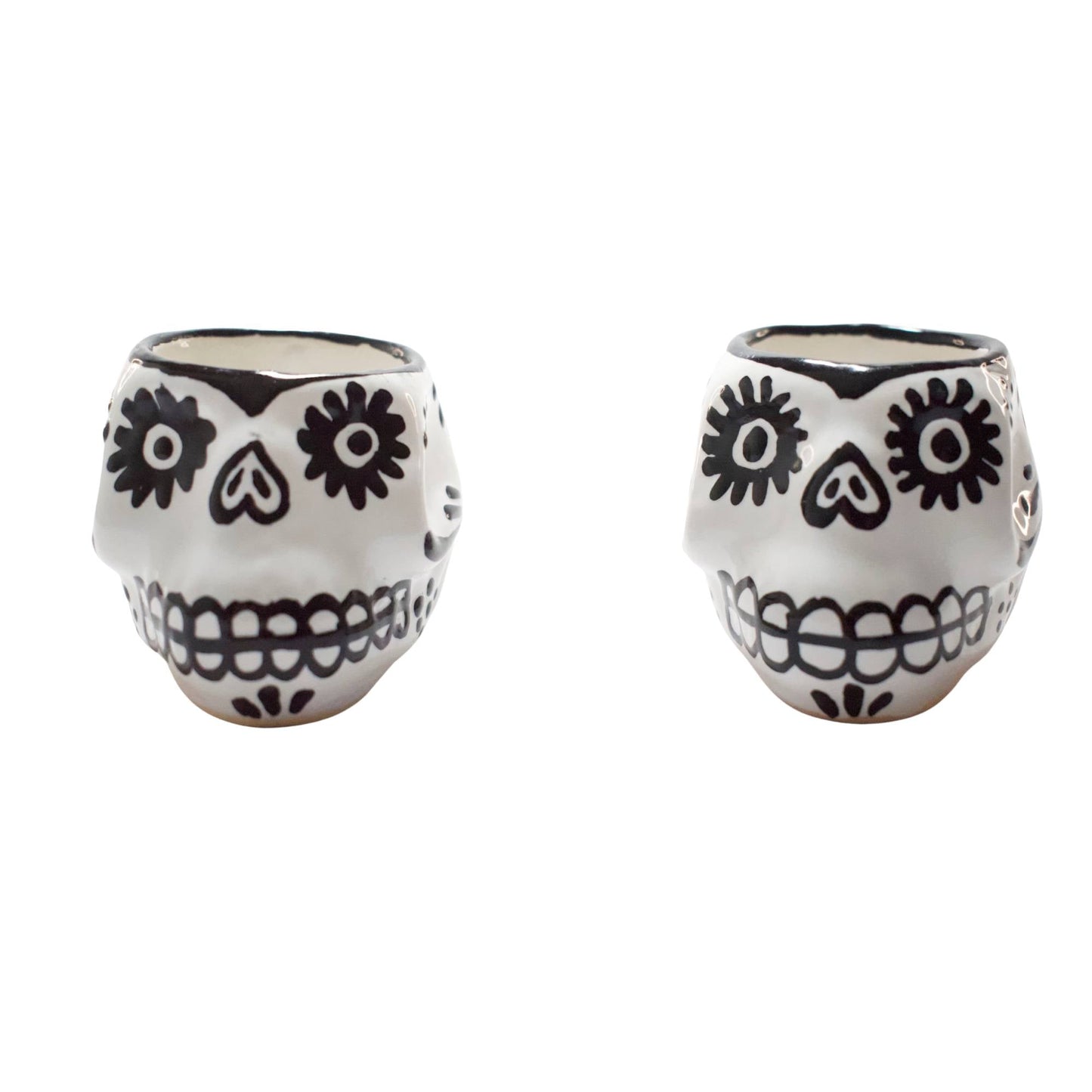 Vasos Mezcaleros | Calaverita | Cerámica de Talavera | Set de 4 Piezas | 100% Artesanal | (Black & White, 2 Oz.) - MAREY - Vaso Mezcalero