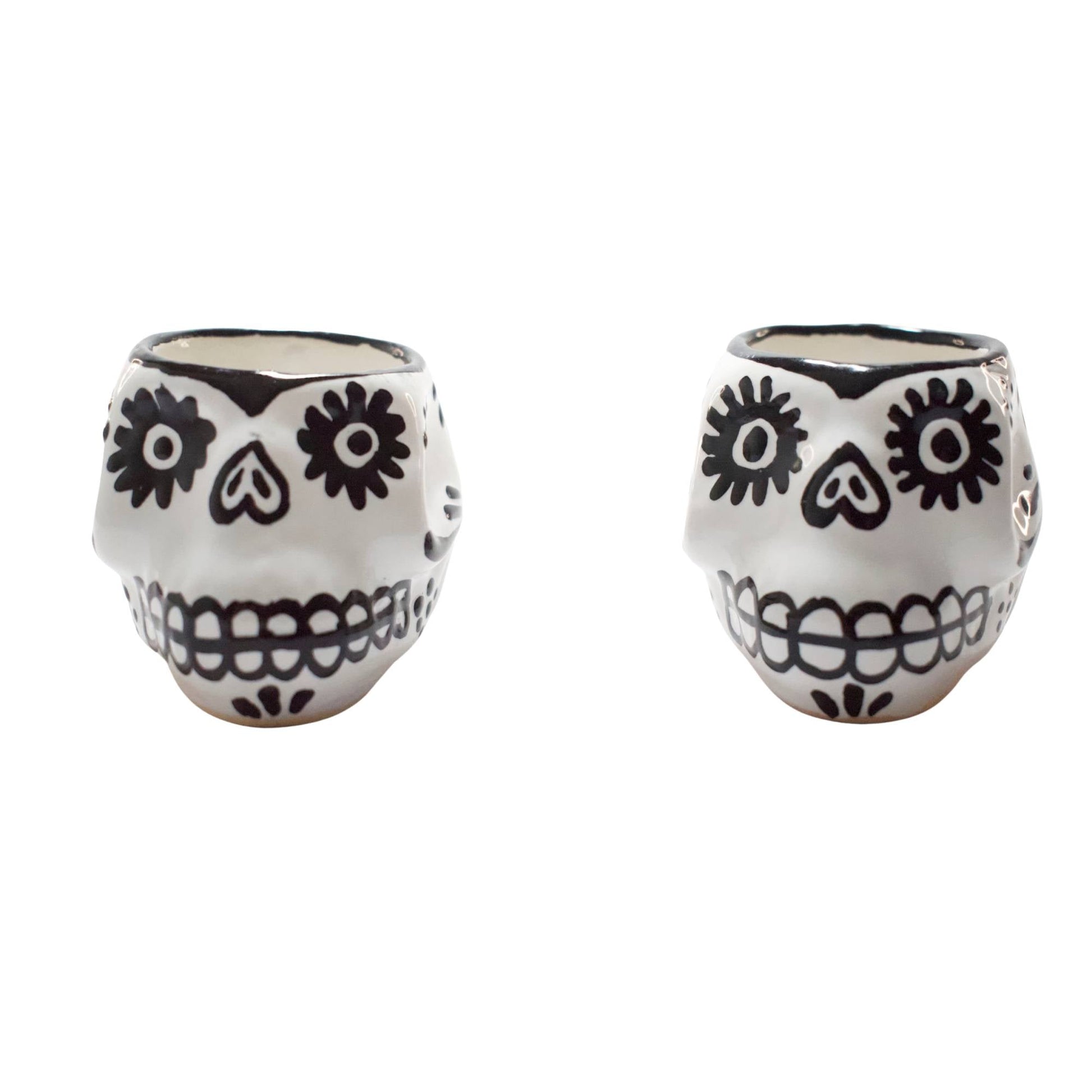 Vasos Mezcaleros | Calaverita | Cerámica de Talavera | Set de 4 Piezas | 100% Artesanal | (Black & White, 2 Oz.) - MAREY - Vaso Mezcalero