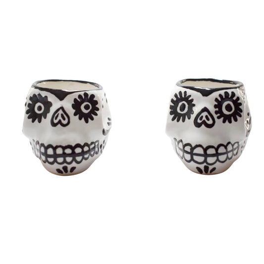 Vasos Mezcaleros | Calaverita | Cerámica de Talavera | Set de 4 Piezas | 100% Artesanal | (Black & White, 2 Oz.) - MAREY - Vaso Mezcalero