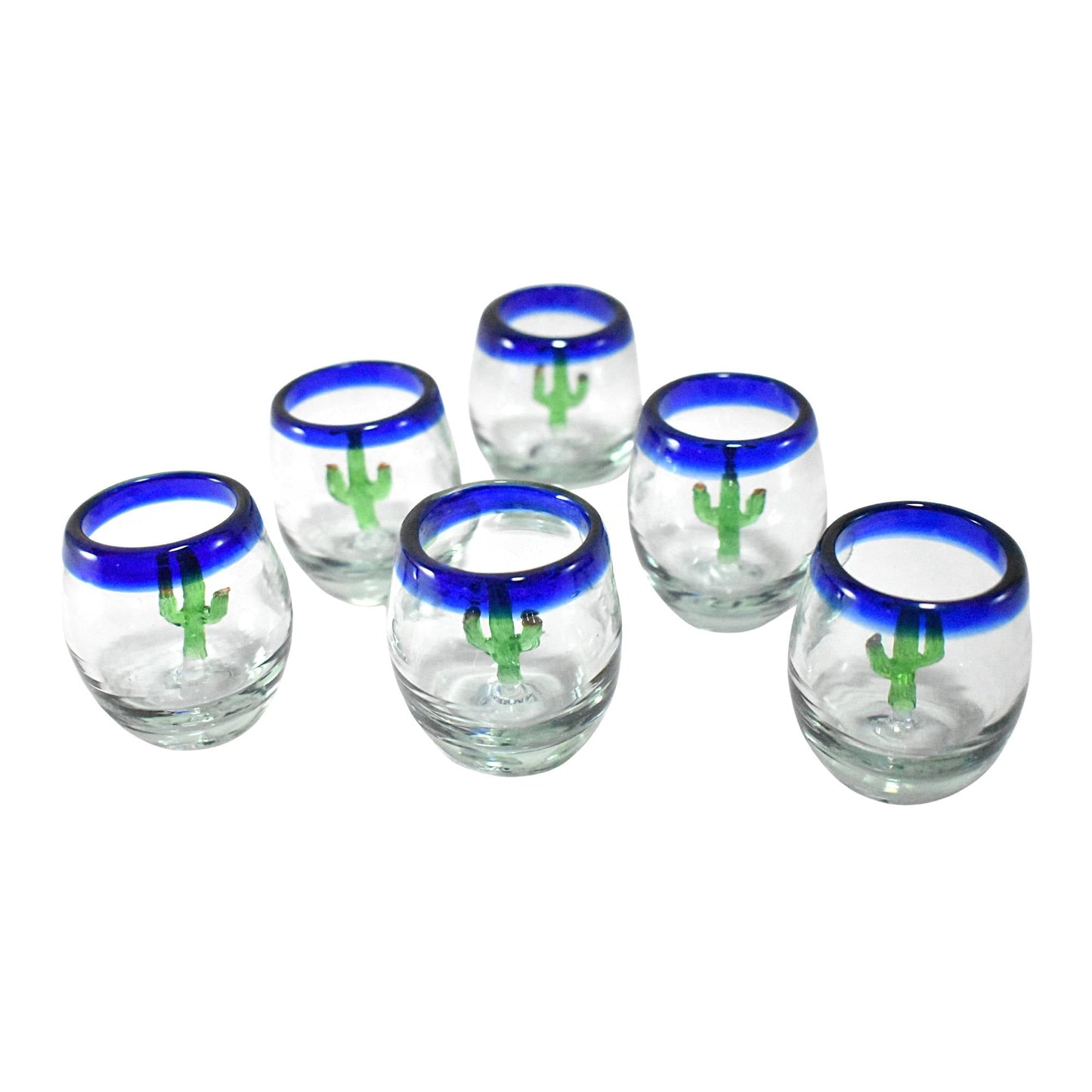 Vasos Mezcaleros | Set de 6 Piezas | Caballitos de Vidrio Soplado Artesanalmente en México (Filo Azul Cobalto C/ Cactus, Barril 2 Oz.) - MAREY -