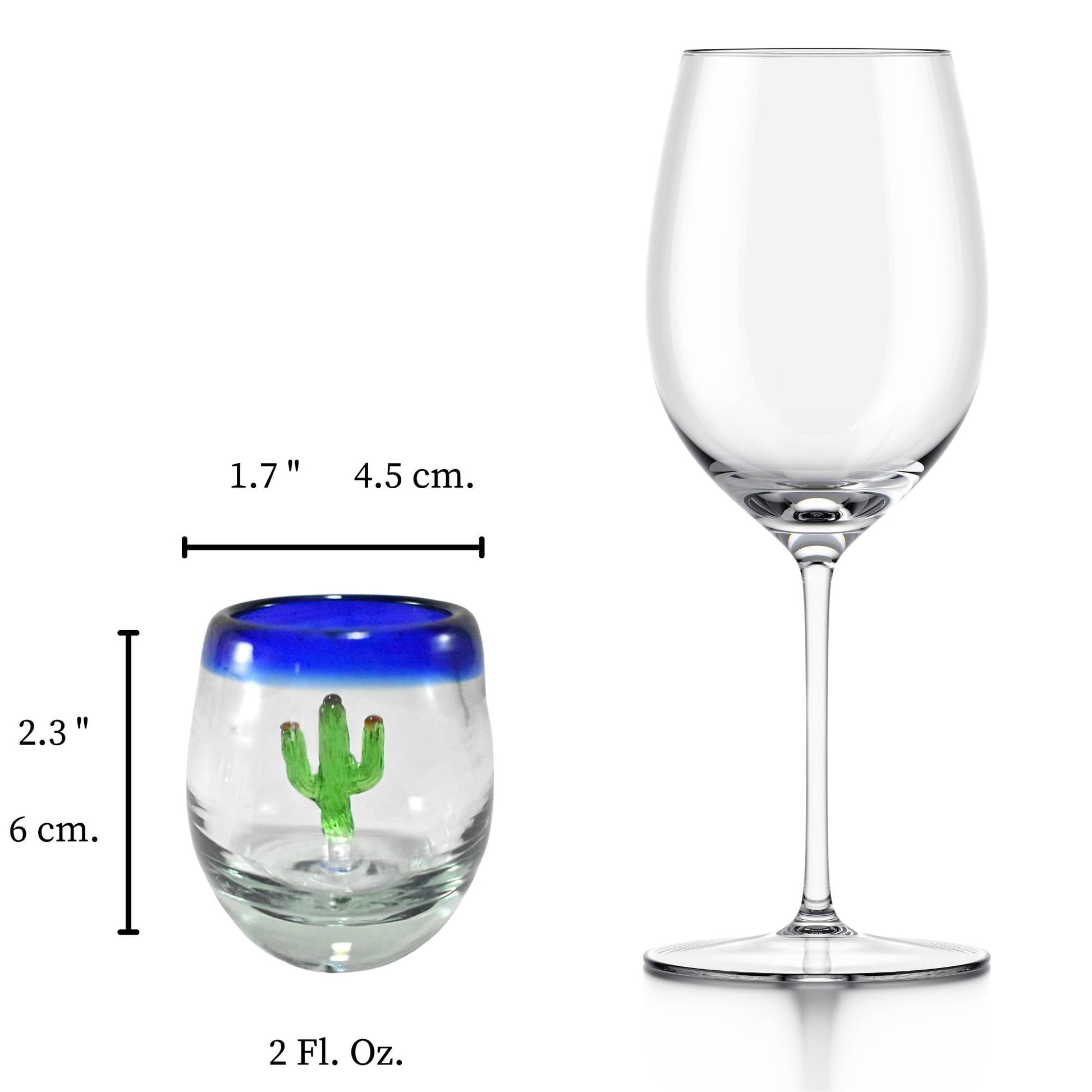 Vasos Mezcaleros | Set de 6 Piezas | Caballitos de Vidrio Soplado Artesanalmente en México (Filo Azul Cobalto C/ Cactus, Barril 2 Oz.) - MAREY -