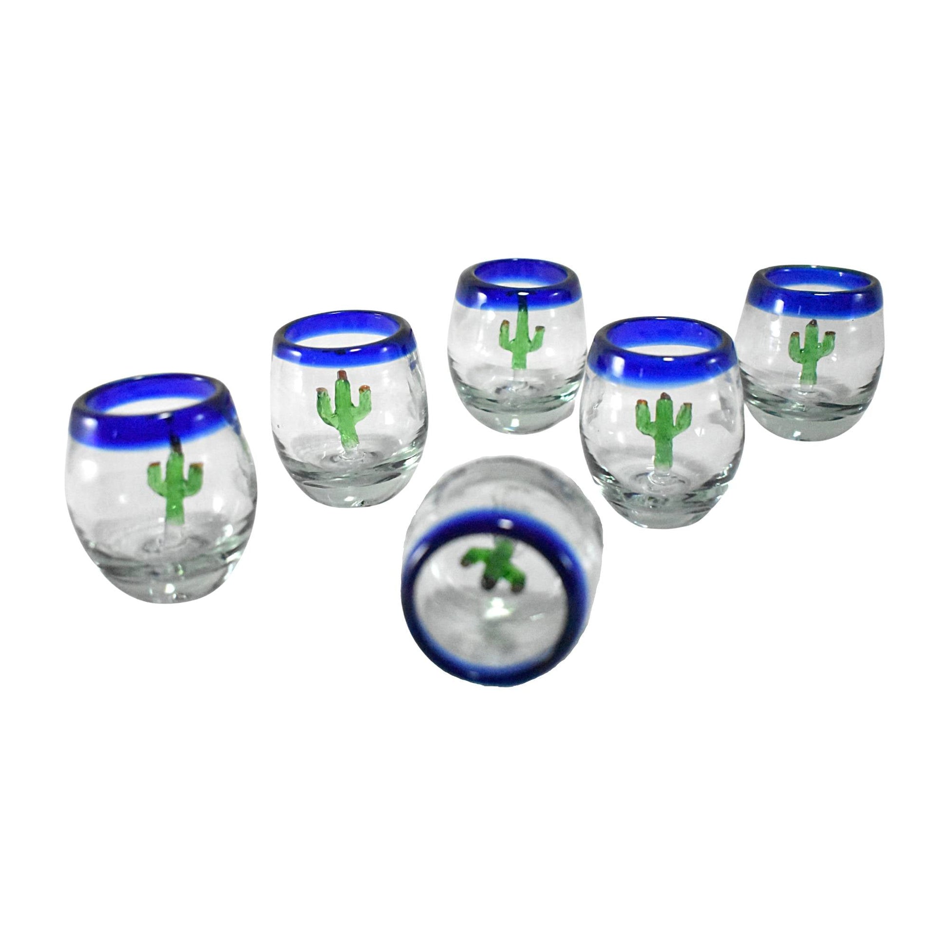 Vasos Mezcaleros | Set de 6 Piezas | Caballitos de Vidrio Soplado Artesanalmente en México (Filo Azul Cobalto C/ Cactus, Barril 2 Oz.) - MAREY -