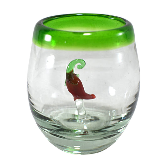 Vasos Mezcaleros | Set de 6 Piezas | Caballitos de Vidrio Soplado Artesanalmente en México (Filo Verde C/ Chile, Barril 2 Oz.) - MAREY -