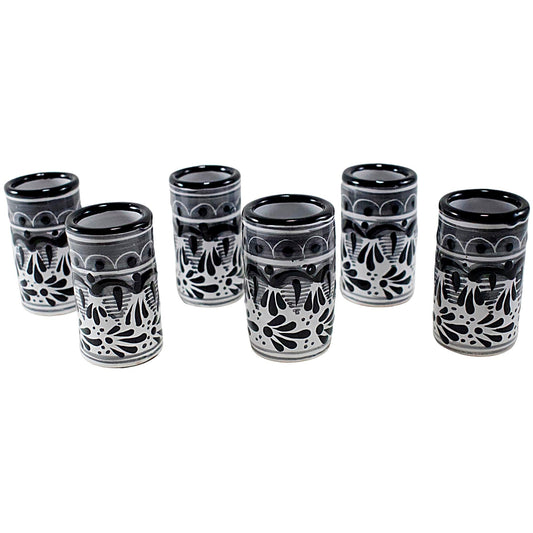 Vasos Tequileros | Cerámica de Talavera | Set de 6 Piezas | 100% Artesanal | (Decorado Negro, 2 Oz.) - MAREY - Vaso Tequilero
