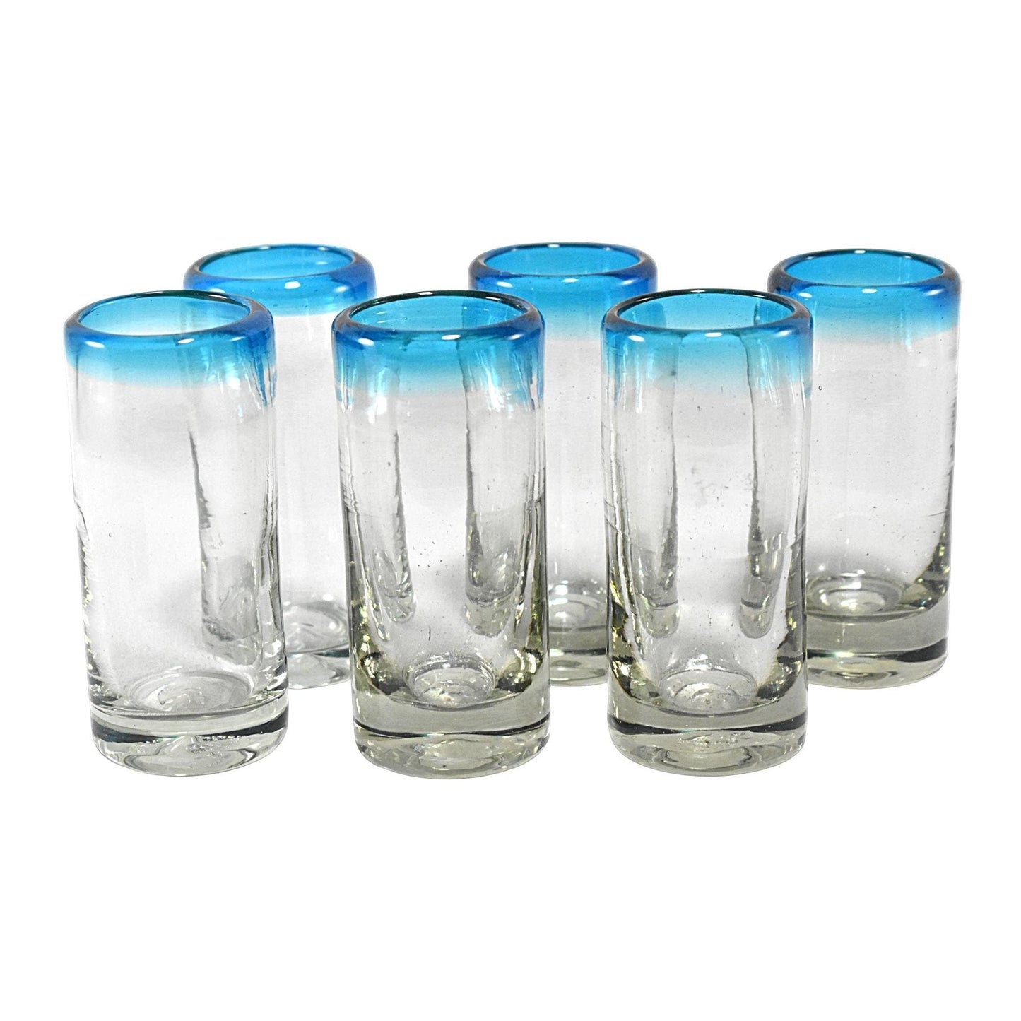 Vasos Tequileros | Vidrio Soplado Artesanalmente en México | Set de 6 Piezas | (Filo Aqua, 2 Oz.) - MAREY -