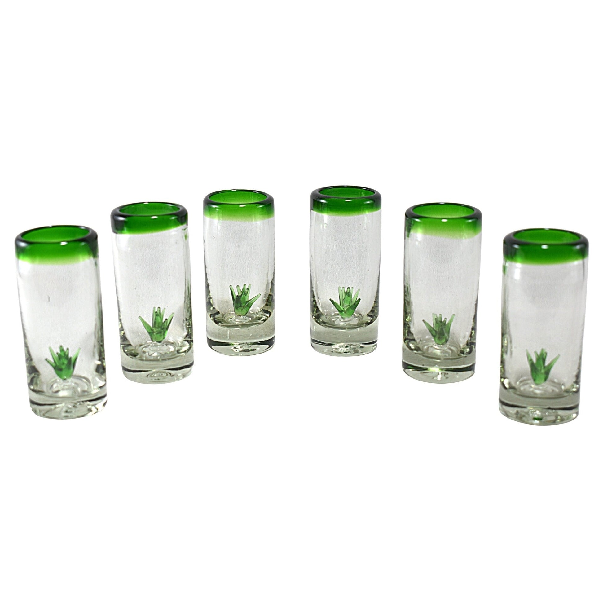 Vasos Tequileros | Vidrio Soplado Artesanalmente en México | Set de 6 Piezas | (Filo Verde C/Agave, 2 Oz.) - MAREY -
