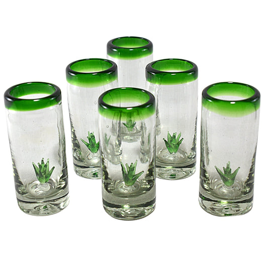 Vasos Tequileros | Vidrio Soplado Artesanalmente en México | Set de 6 Piezas | (Filo Verde C/Agave, 2 Oz.) - MAREY -