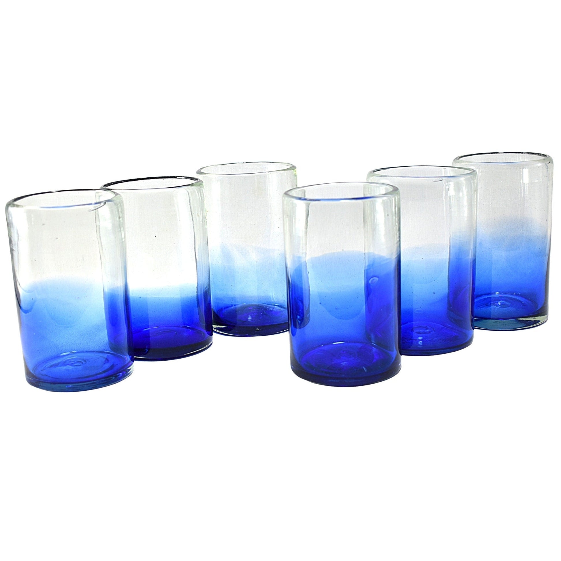 Vasos Vidrio Soplado | Set de 6 Piezas | Hechos Artesanalmente en México | (Base Azul Cobalto, Agua 16 Oz.) - MAREY -