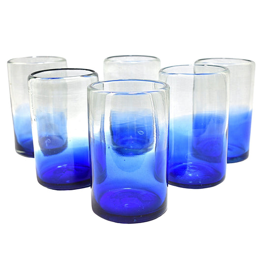 Vasos Vidrio Soplado | Set de 6 Piezas | Hechos Artesanalmente en México | (Base Azul Cobalto, Agua 16 Oz.) - MAREY -