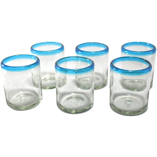Vasos Vidrio Soplado | Set de 6 Piezas | Hechos Artesanalmente en México | (Filo Aqua, Old Fashioned 10 Oz.) - MAREY -