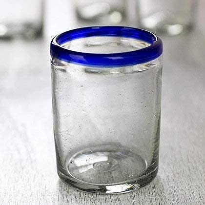 Vasos Vidrio Soplado | Set de 6 Piezas | Hechos Artesanalmente en México | (Filo Azul Cobalto, Old Fashioned 10 Oz.) - MAREY -