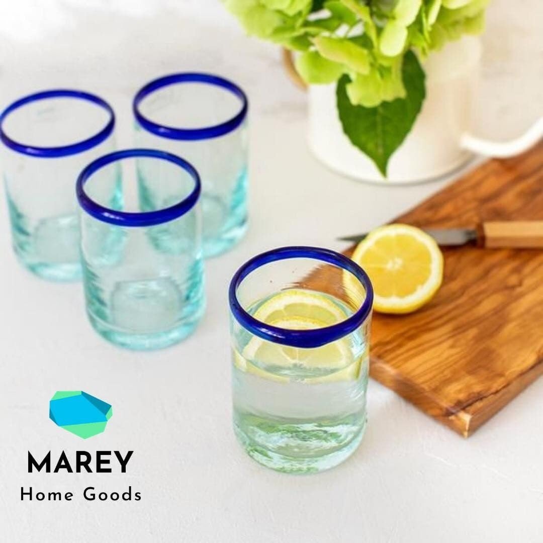 Vasos Vidrio Soplado | Set de 6 Piezas | Hechos Artesanalmente en México | (Filo Azul Cobalto, Old Fashioned 10 Oz.) - MAREY -
