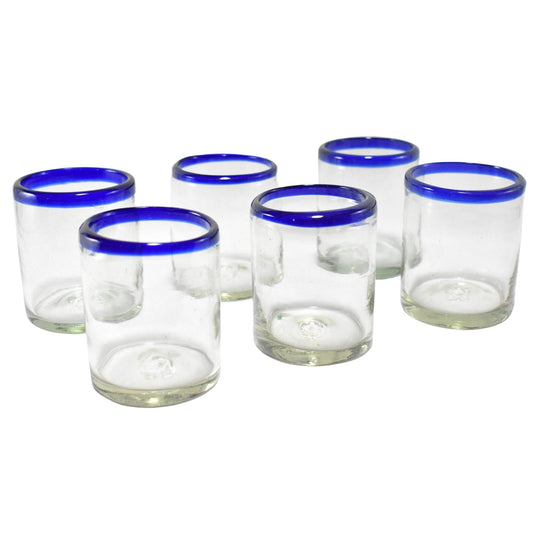 Vasos Vidrio Soplado | Set de 6 Piezas | Hechos Artesanalmente en México | (Filo Azul Cobalto, Old Fashioned 10 Oz.) - MAREY -