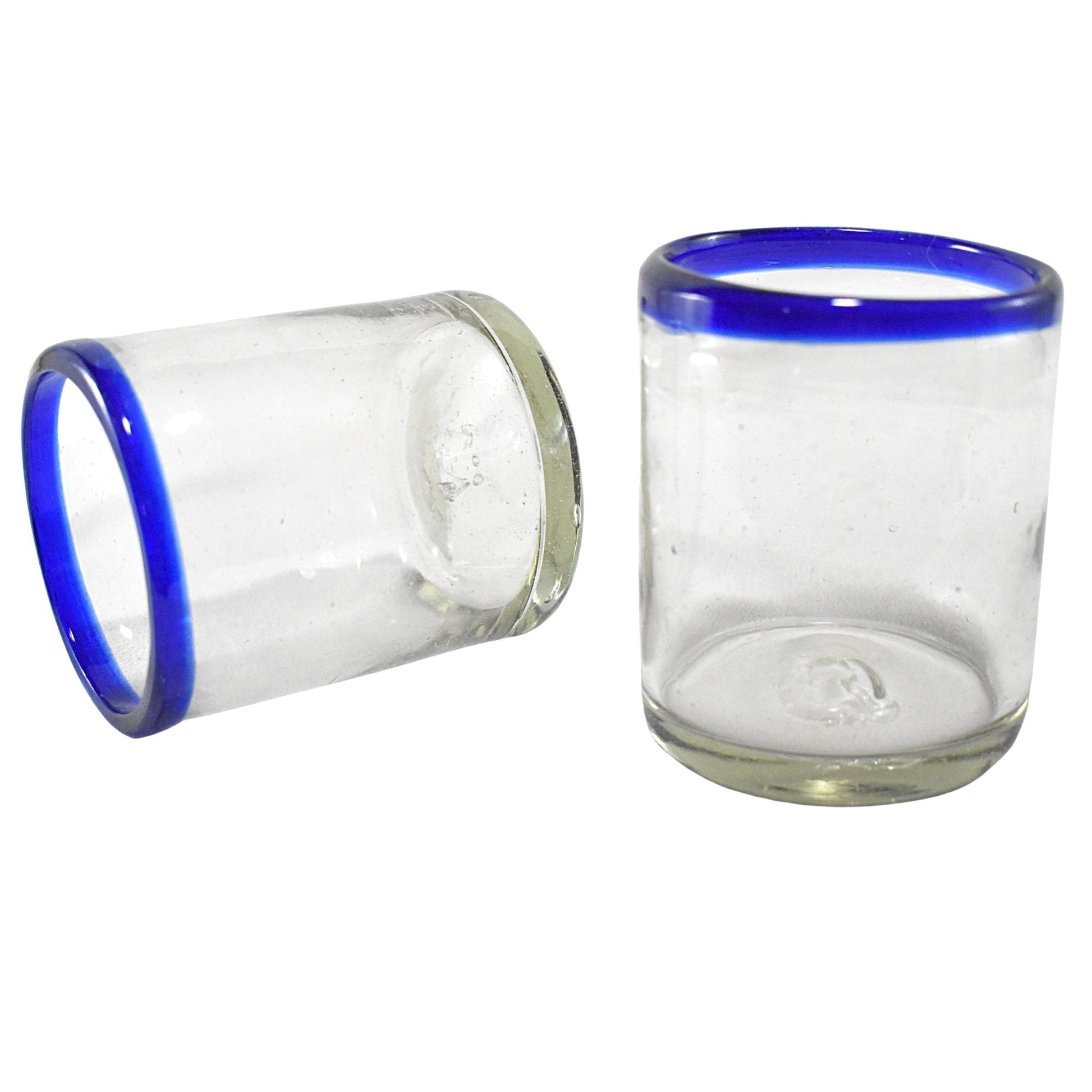 Vasos Vidrio Soplado | Set de 6 Piezas | Hechos Artesanalmente en México | (Filo Azul Cobalto, Old Fashioned 10 Oz.) - MAREY -