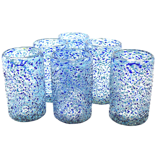 Vasos Vidrio Soplado | Set de 6 Piezas | Hechos Artesanalmente en México (Granizado Cielo, Agua 16 Oz.) - MAREY -