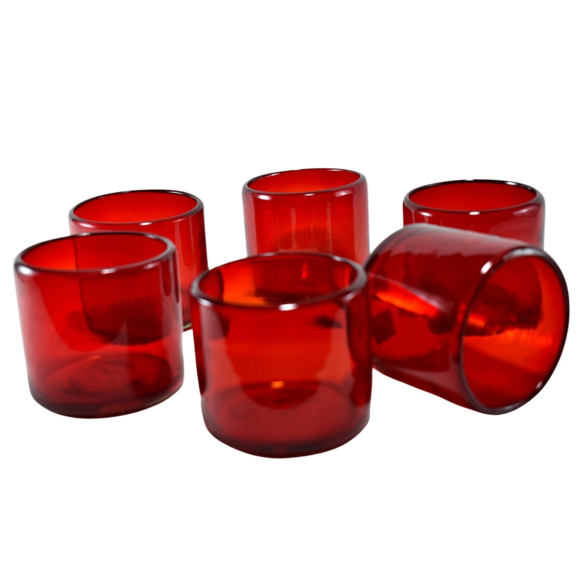 Vasos Vidrio Soplado | Set de 6 Piezas | Hechos Artesanalmente en México | (Rojo Solido, Old Fashioned 8 Oz.) - MAREY -