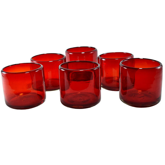 Vasos Vidrio Soplado | Set de 6 Piezas | Hechos Artesanalmente en México | (Rojo Solido, Old Fashioned 8 Oz.) - MAREY -