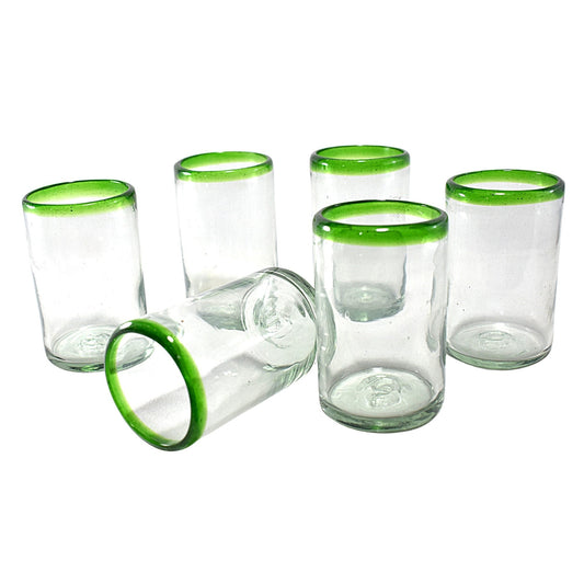 Vasos Vidrio Soplado | Set de 6 Piezas | Hechos Artesanalmente en México | Vaso Old Fashioned | (Filo Verde, Agua 16 Oz.) - MAREY -