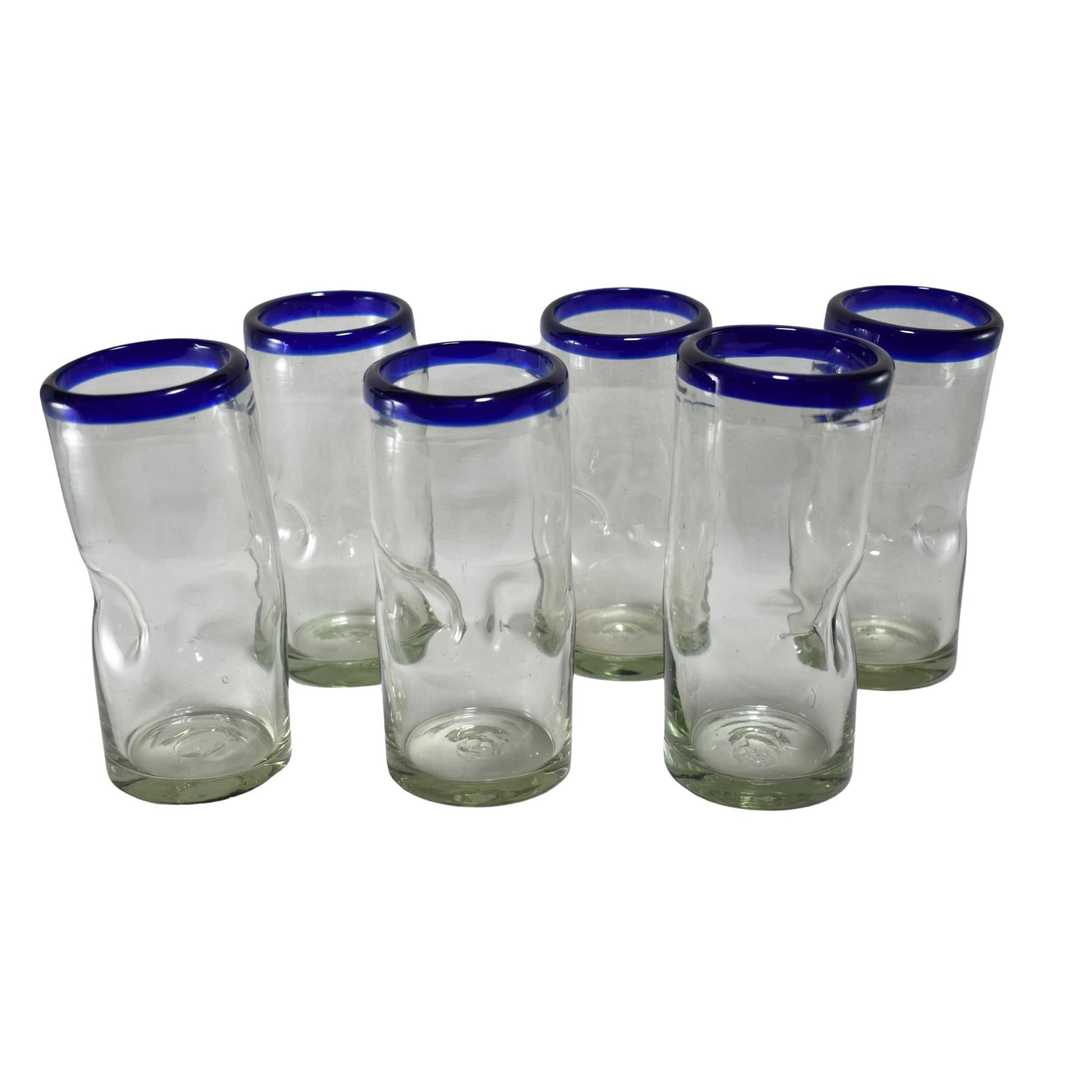 Vasos Vidrio Soplado | Set de 6 Piezas | Vaso Borracho | (Filo Azul Cobalto, 20 Oz.) - MAREY -