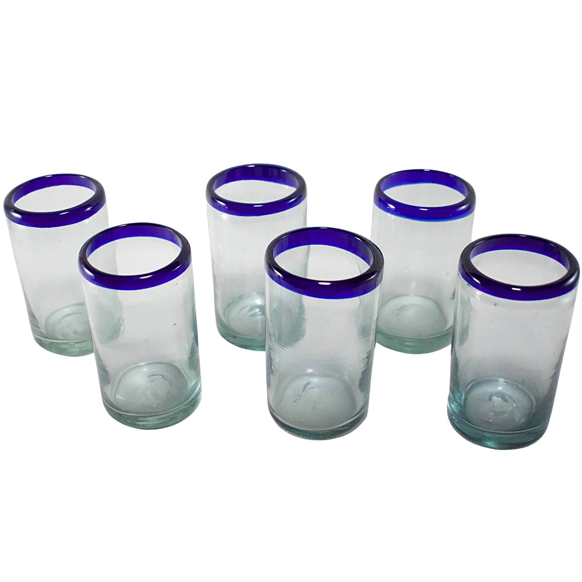 Vasos Vidrio Soplado | Vaso Jugo | Set de 6 Piezas | Hechos Artesanalmente en México | (Filo Azul Cobalto, 8 Oz.) - MAREY -